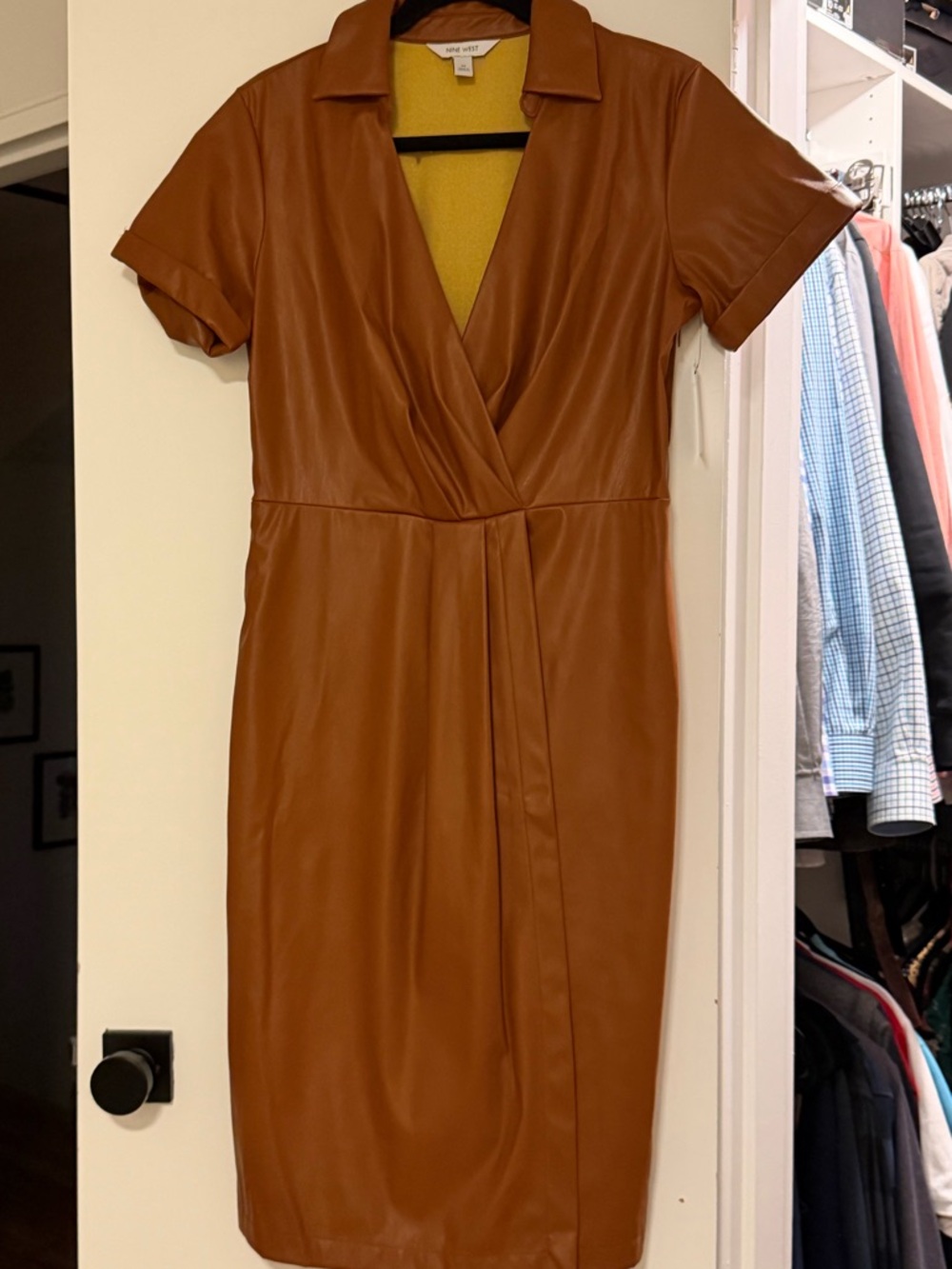 Nine West Faux Leather Midi Dress in Cognac Brown
